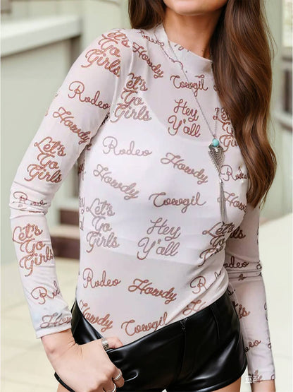 Western Howdy Hey Yall Mesh High Neck Long Sleeve Top