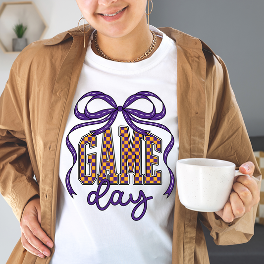 Purple and Gold Checkered Game Day Shirt