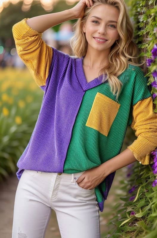 MARDI GRAS LONG SLEEVE URBAN RIB COLOR BLOCK TOP