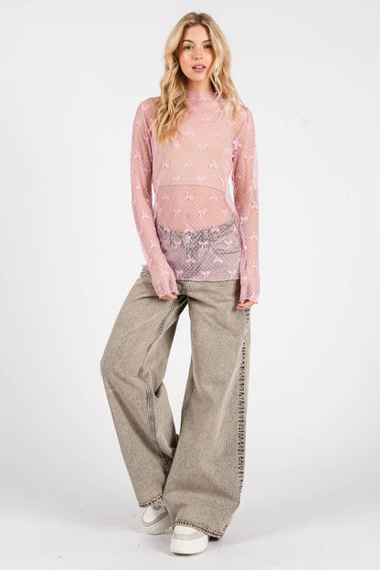 BOW PRINT LONG SLEEVE LACE TOP : PINK
