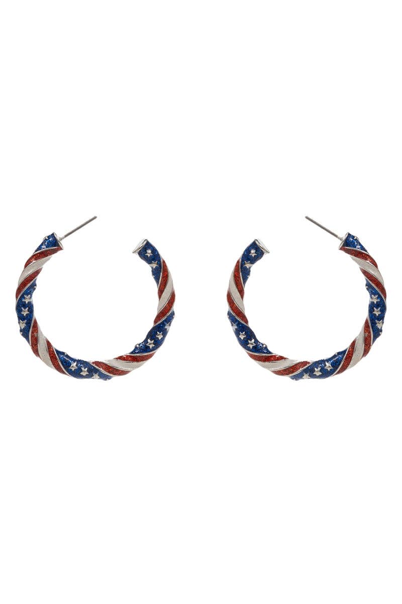 1.5 Inch American Flag Pattern Glitter Enamel Hoop Earrings