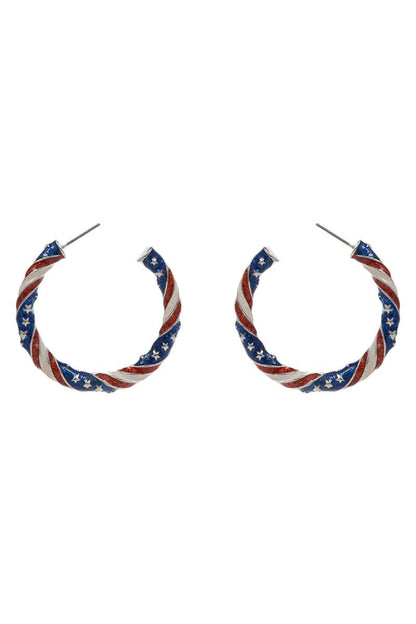 1.5 Inch American Flag Pattern Glitter Enamel Hoop Earrings