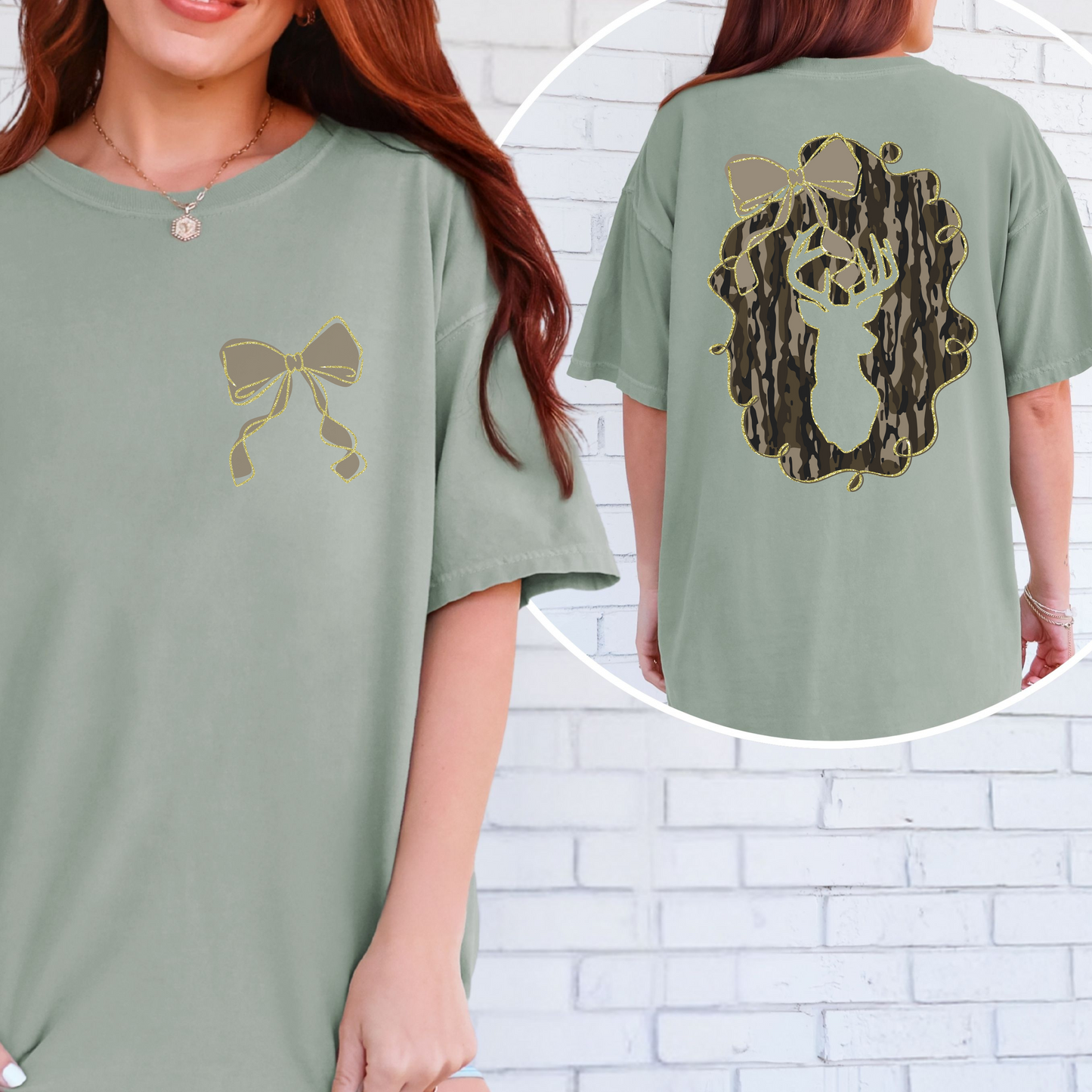Camo Deer with Bow Front and Back Image Shirt