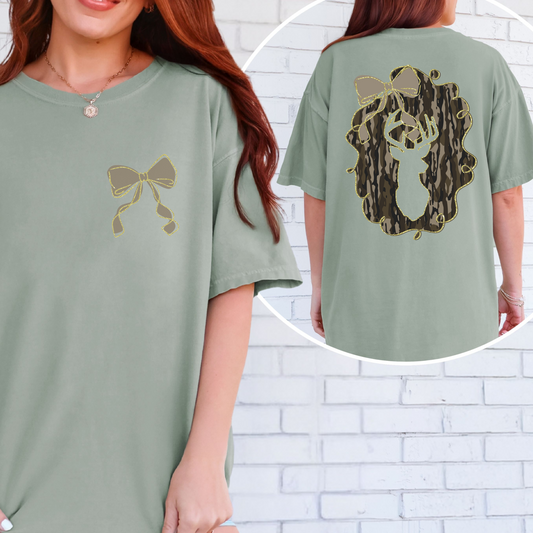 Camo Deer with Bow Front and Back Image Shirt