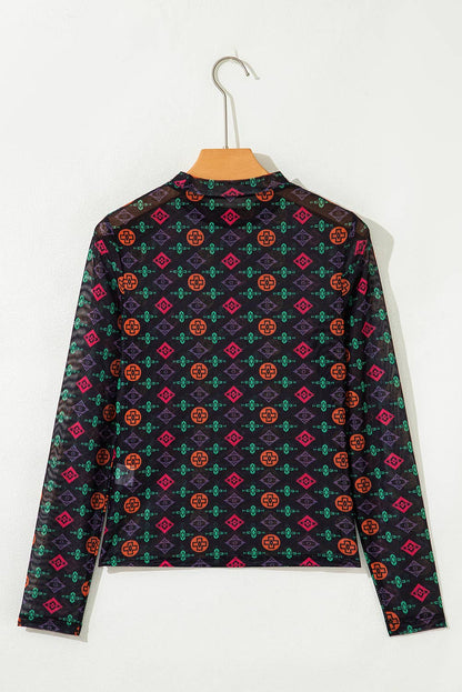 Western Aztec Printed Long Sleeve Mesh Top