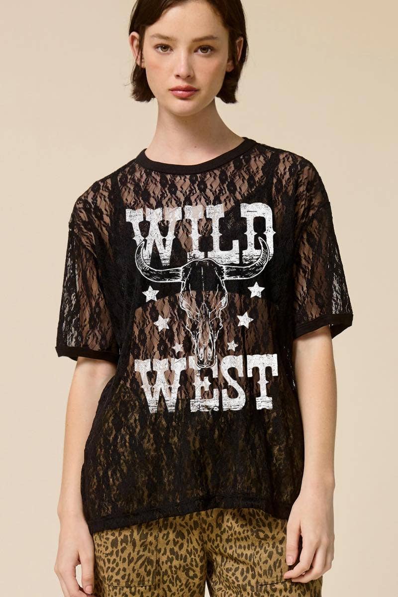 Wild West Vintage Longhorn Graphic Sheer Lace Tee