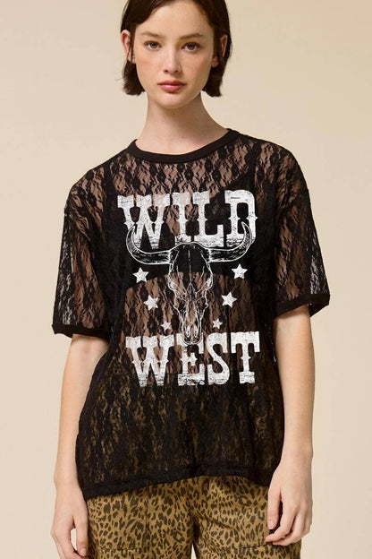 Wild West Vintage Longhorn Graphic Sheer Lace Tee