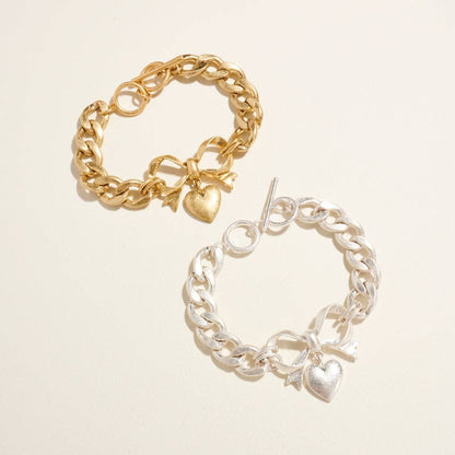 Puffy Heart Bow Ribbon Pendant Chain Bracelet