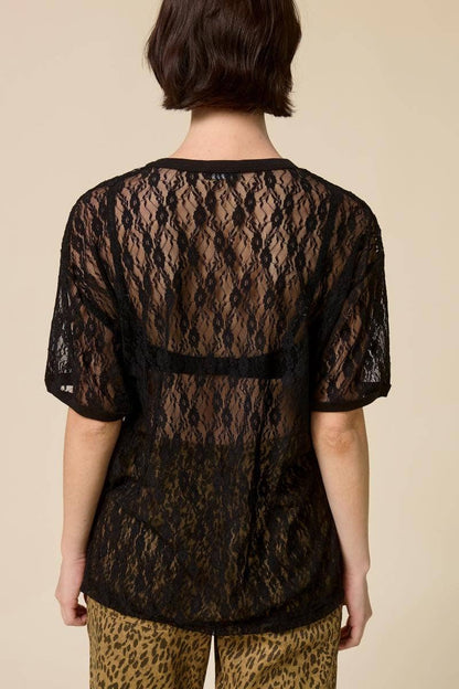 Leopard Free Bird America Graphic Sheer Lace Tee