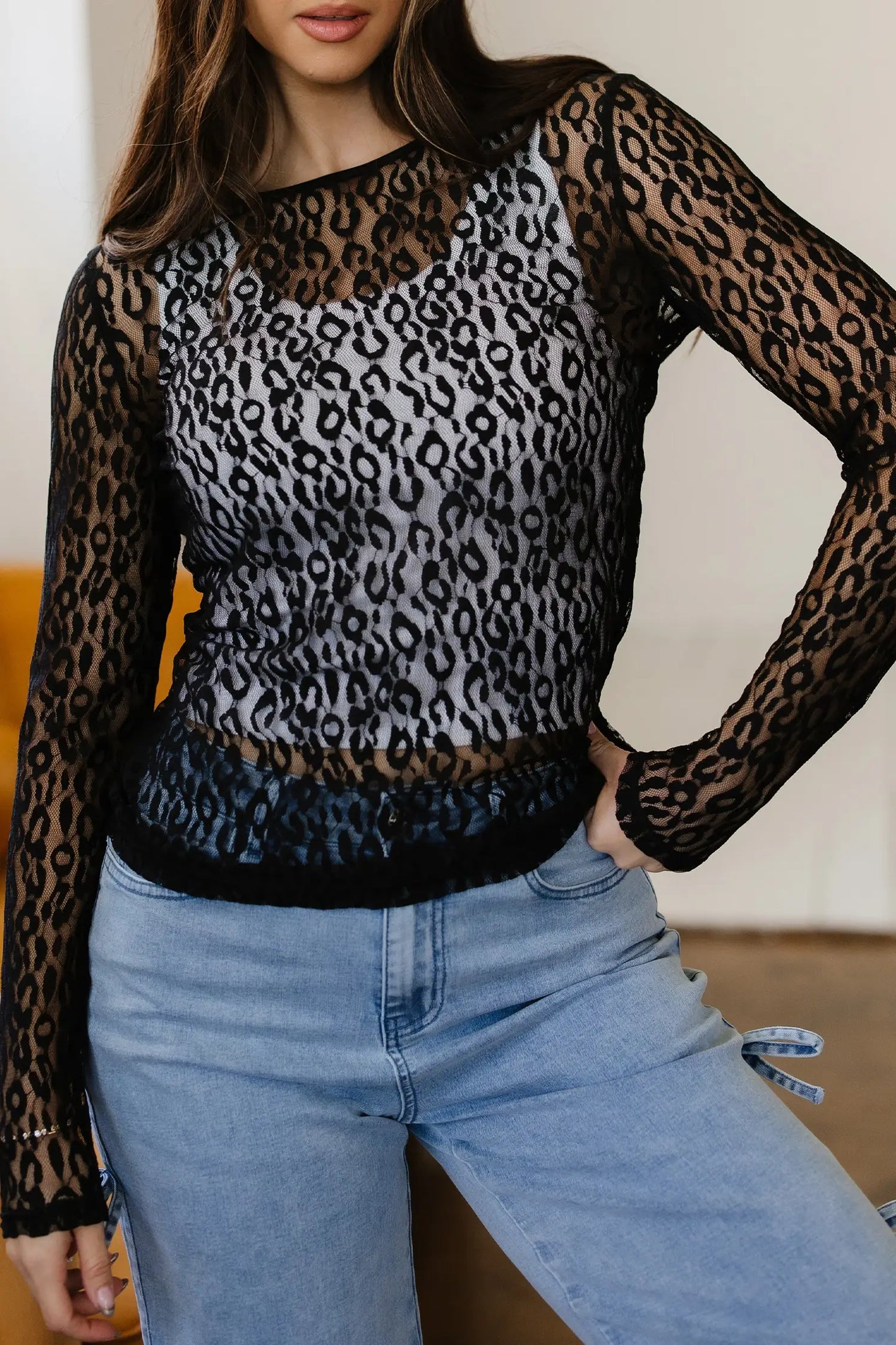 Leopard Pattern Sheer Mesh Long Sleeve Top