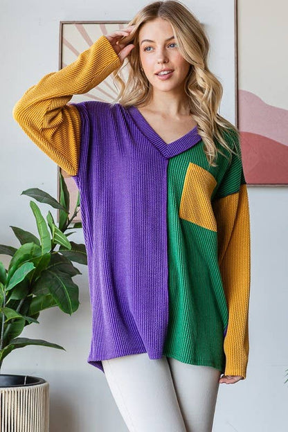 MARDI GRAS LONG SLEEVE URBAN RIB COLOR BLOCK TOP