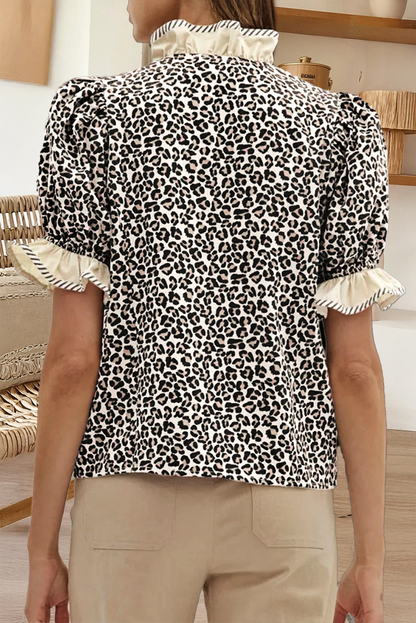 Leopard Print Ruffled Trim V Neck Blouse