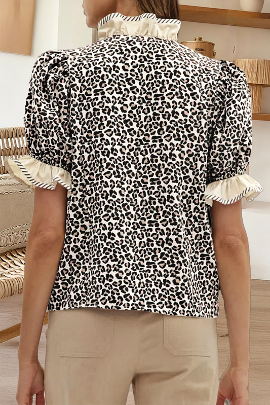 Leopard Print Ruffled Trim V Neck Blouse
