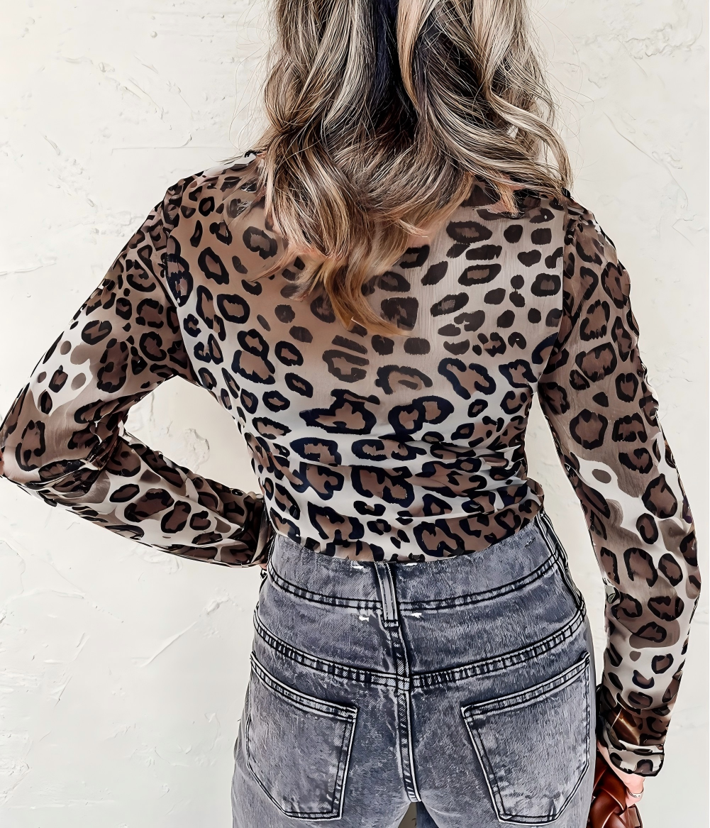 Leopard Mock Neck Mesh Long Sleeve Top