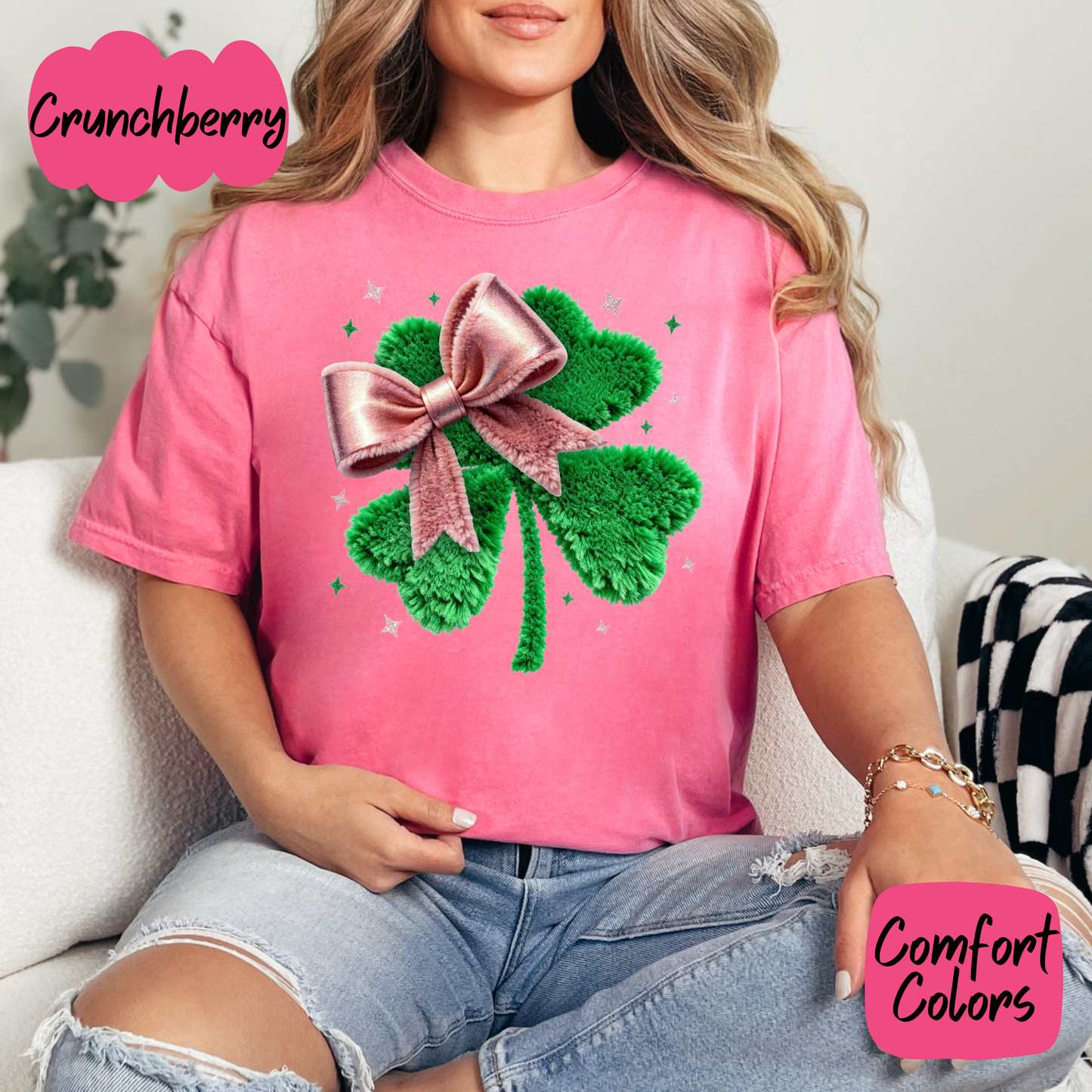 Faux Plush Shamrock and Bow Shirt/Crewneck