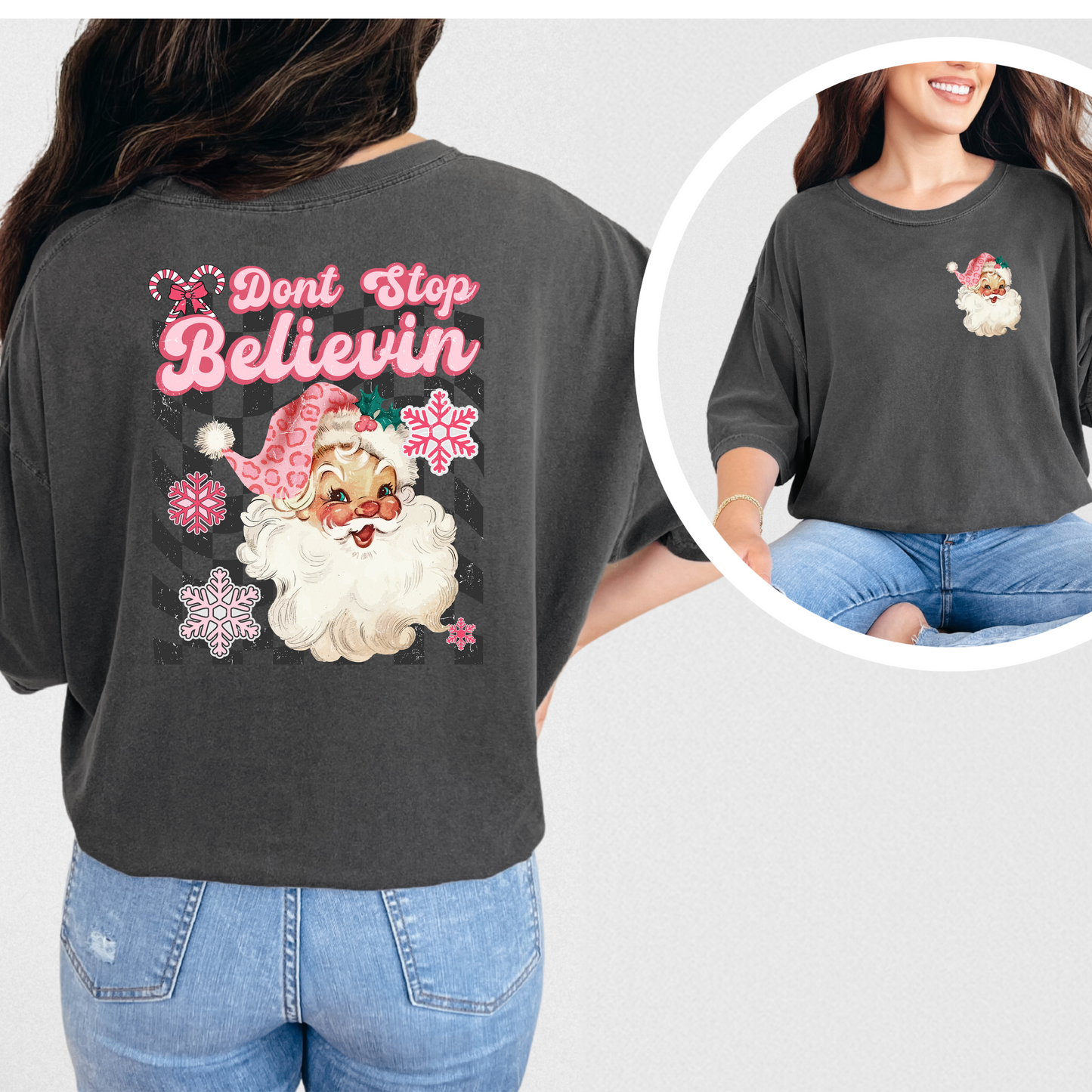 Santa Don't Stop Believing Shirt with Front Pocket Image