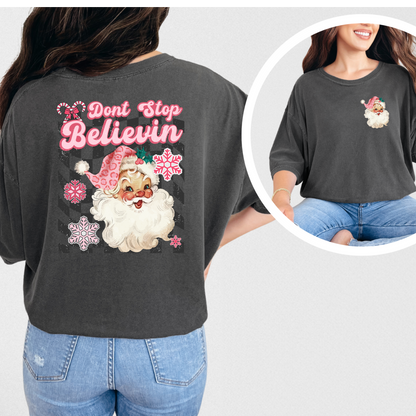 Santa Don't Stop Believing Shirt with Front Pocket Image