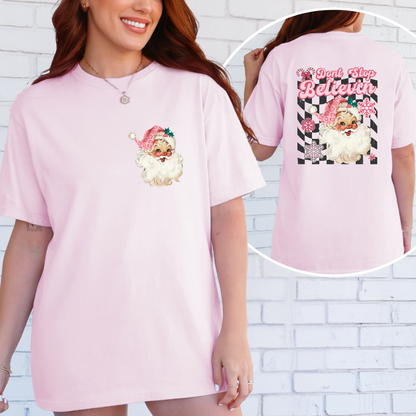 Santa Don't Stop Believing Shirt with Front Pocket Image