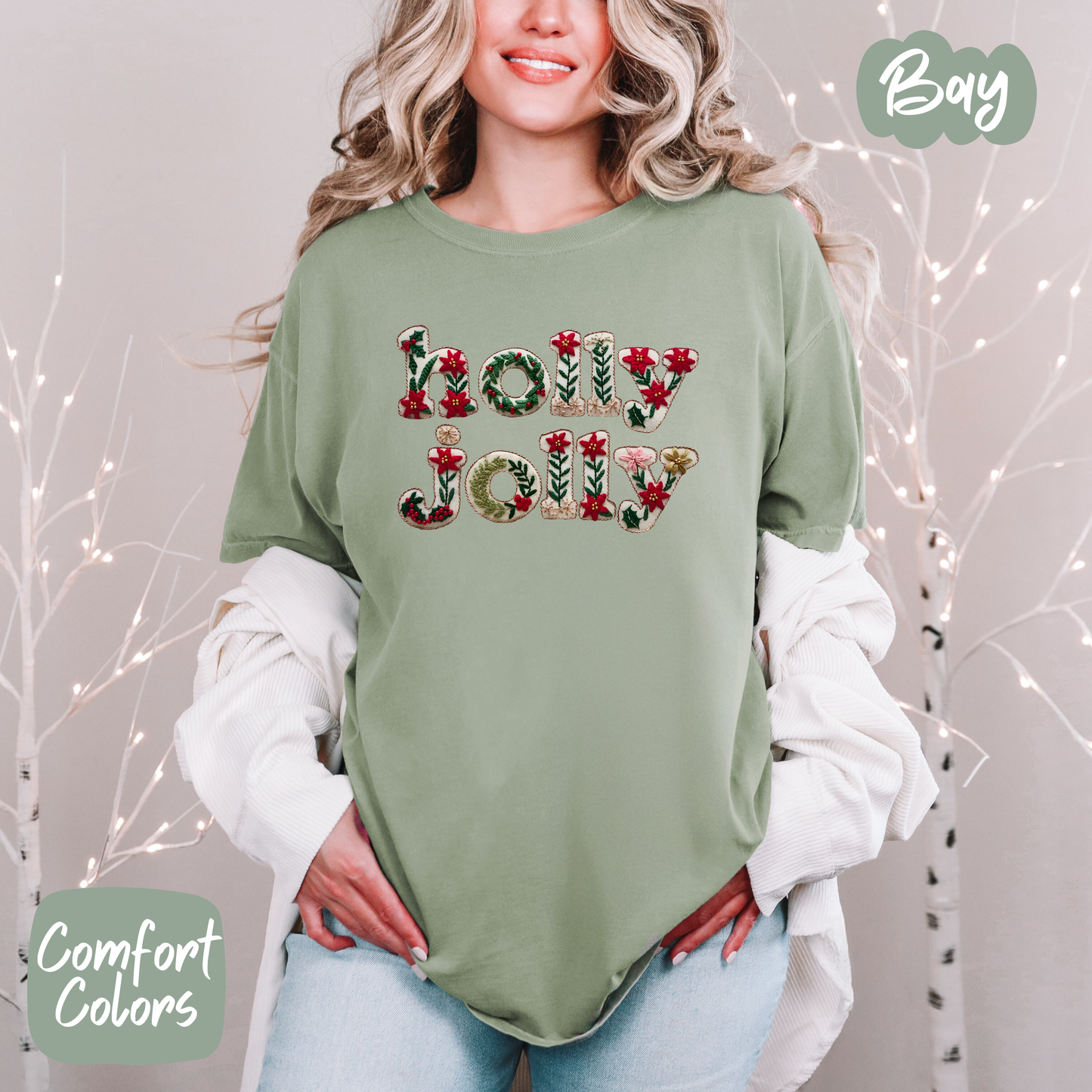 Faux Embroidered Holly Jolly Shirt/Crewneck