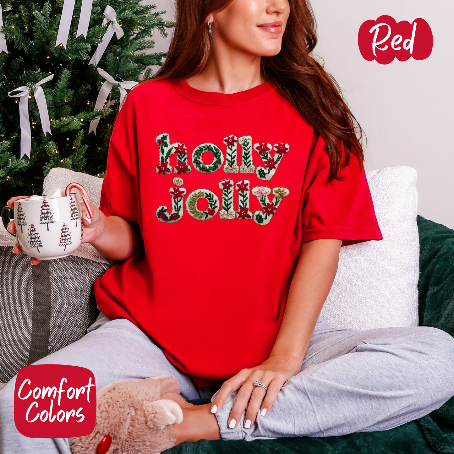 Faux Embroidered Holly Jolly Shirt/Crewneck