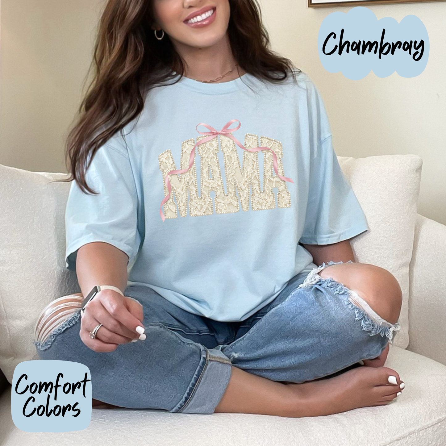 Faux Pearl and Lace Mama Comfort Colors T-Shirt
